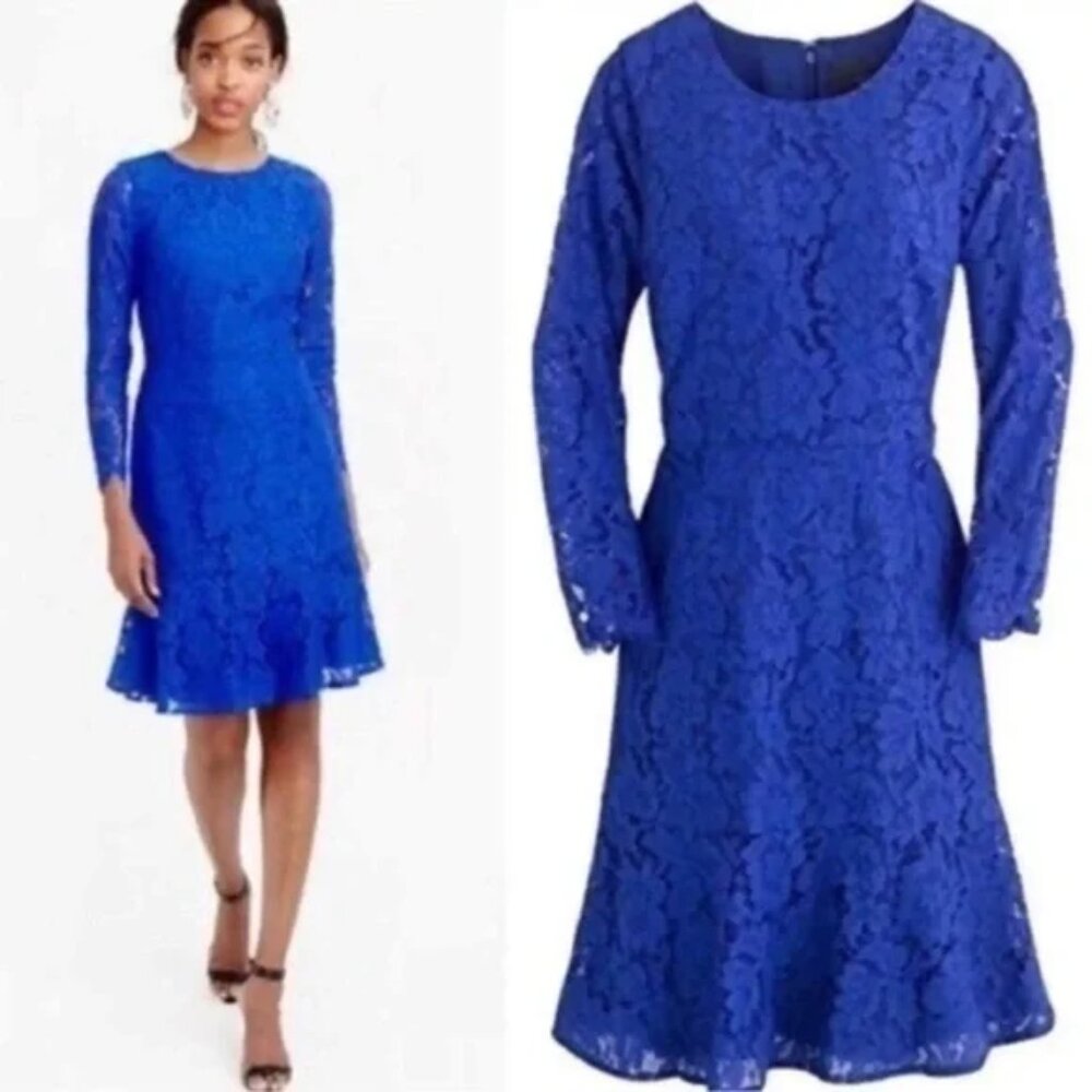 J. Crew Long Sleeve Cobalt Blue Floral Lace Cocktail Dress, size 0